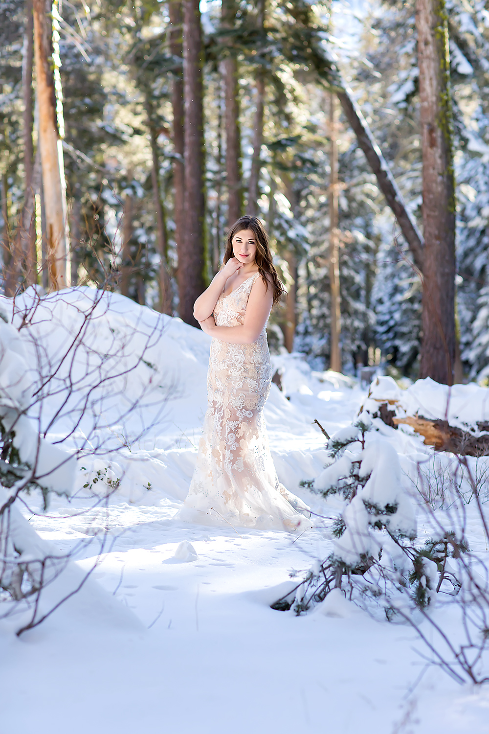 Senior Model team destination session in snow in Tahoe, California by El Dorado Hills senior Photographer Colleen Sanders, formal, prom dress, winter.