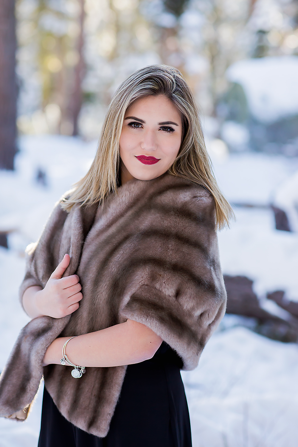 Senior Model team destination session in snow in Tahoe, California by El Dorado Hills senior Photographer Colleen Sanders, formal, prom dress, winter.