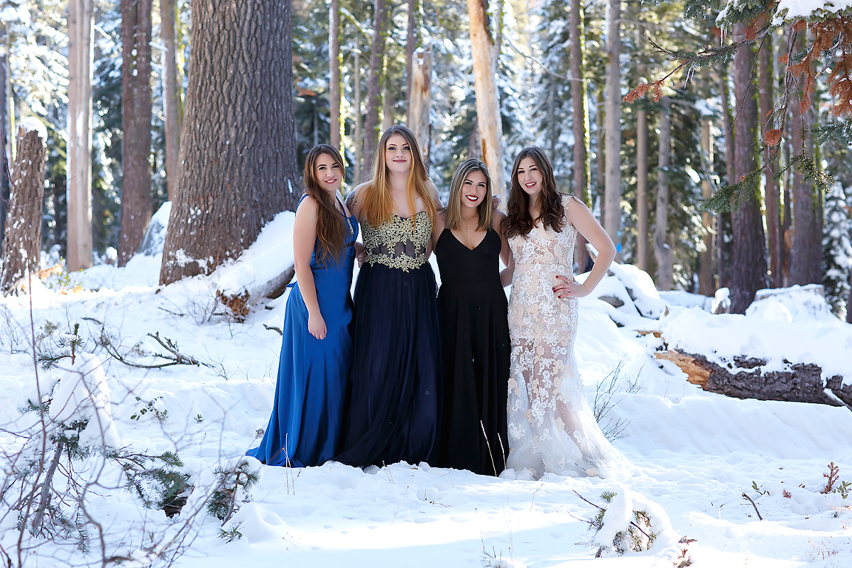 Senior Model team destination session in snow in Tahoe, California by El Dorado Hills senior Photographer Colleen Sanders, formal, prom dress, winter.