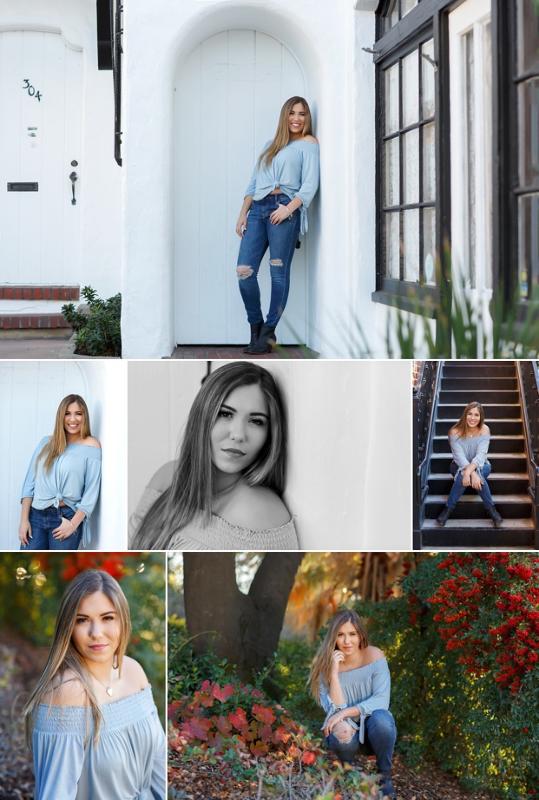 Fall senior pictures downtown folsom white door, stairs, fall colors by El Dorado Hills photographer Colleen Sanders.