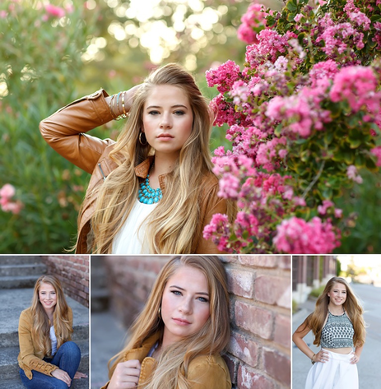 oak ridge high school senior Hannah downtown folsom brick, flowers, white door by Colleen Sanders Photography.