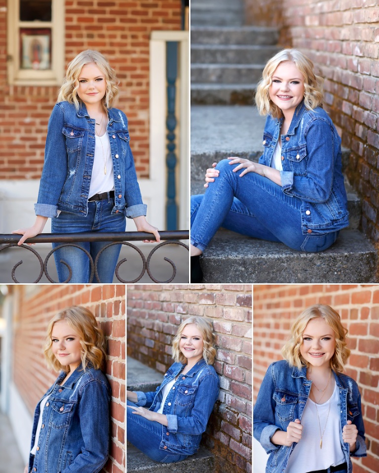 Blond girl jean jacket brick wall senior pictures downtown Folsom by Colleen Sanders Photography.