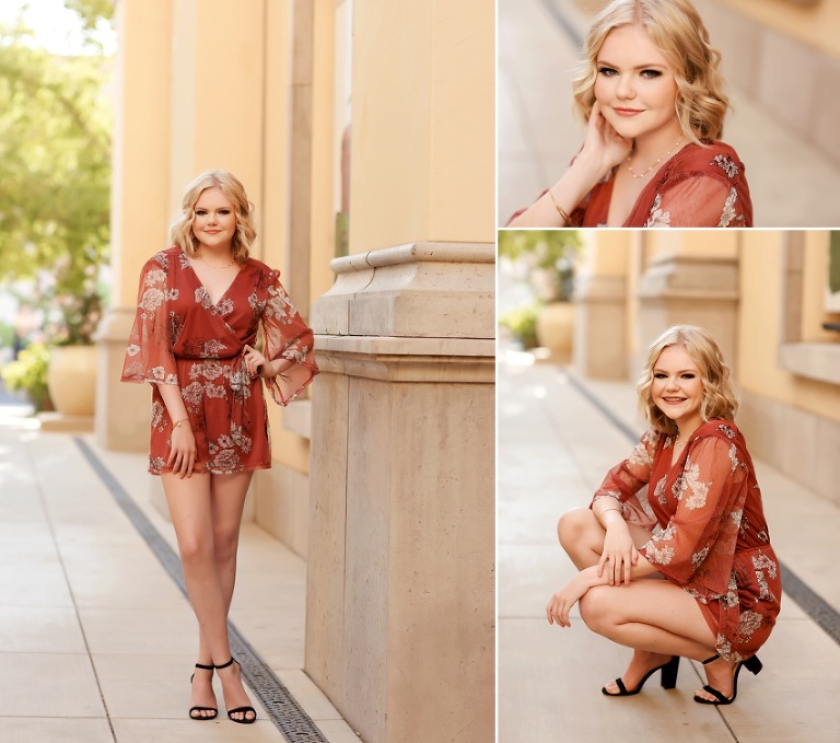 modern senior pictures by column in Folsom blond girl romper heels by El Dorado Hills senior photographer Colleen Sanders.