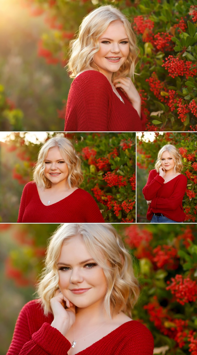 Blond girl red sweater back light winter sun red berries senior pictures El Dorado Hills photographer Colleen Sanders. 