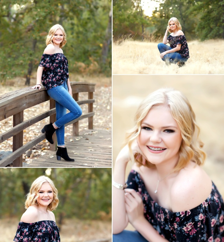 Blond girl senior pictures field bridge smiling fierce in El Dorado Hills by Colleen Sanders Photography.