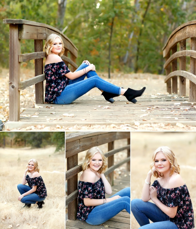 Blond girl senior pictures field bridge smiling fierce in El Dorado Hills by Colleen Sanders Photography.