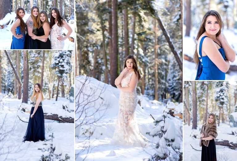 senior girls get glam in snow in south lake tahoe for winter session by Colleen Sanders Photography.