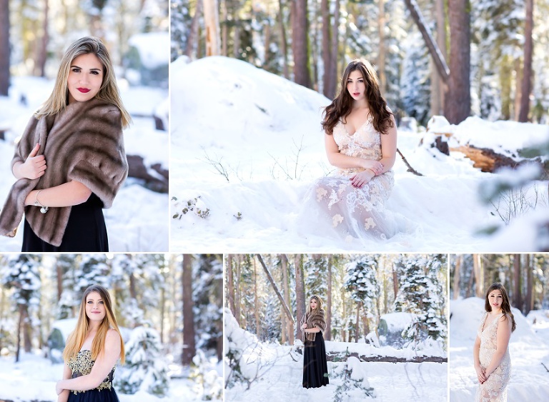 senior girls get glam in snow in south lake tahoe for winter session by Colleen Sanders Photography.