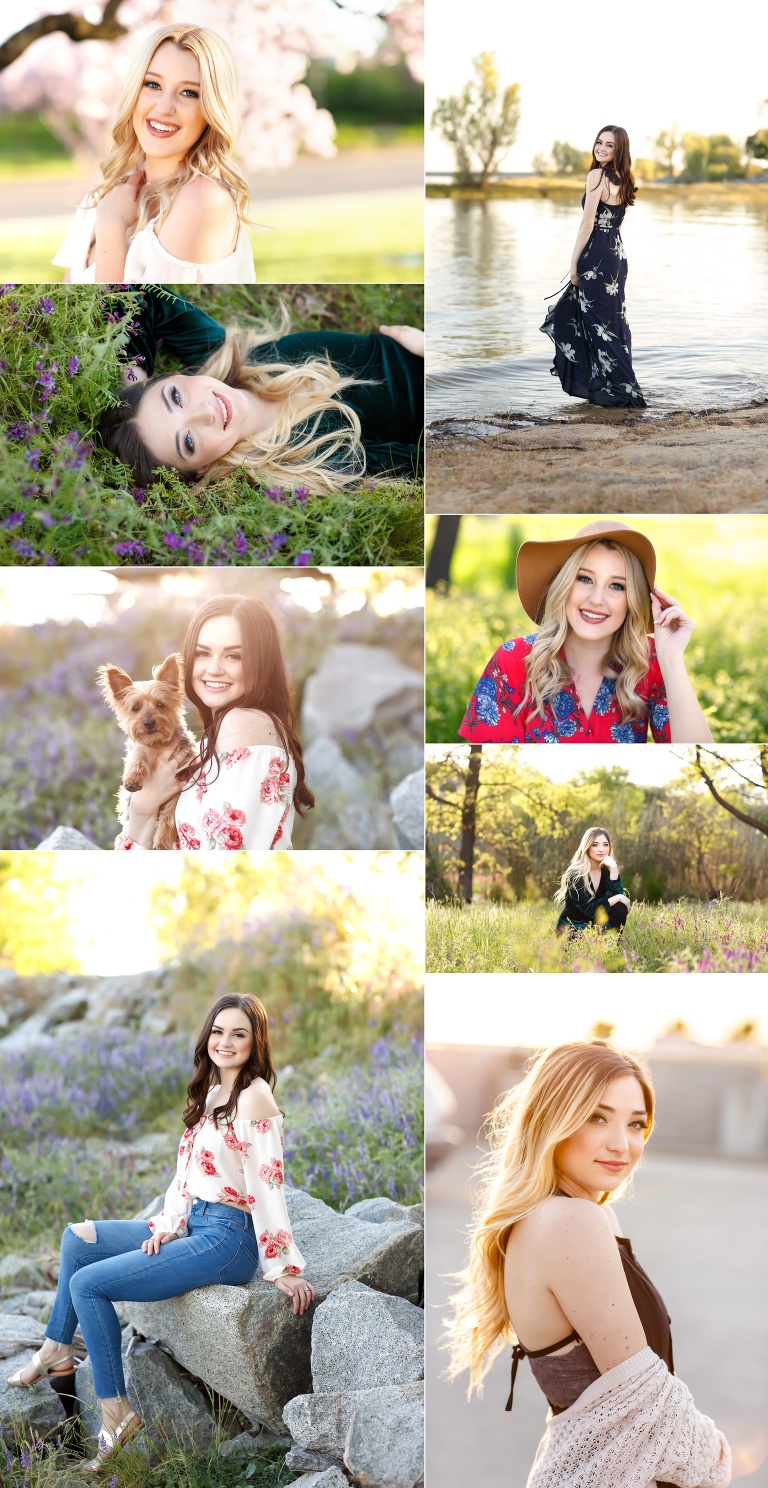spring season senior session with wildflowers, flowers, dog, lake, field of flowers in El Dorado Hills by Colleen Sanders