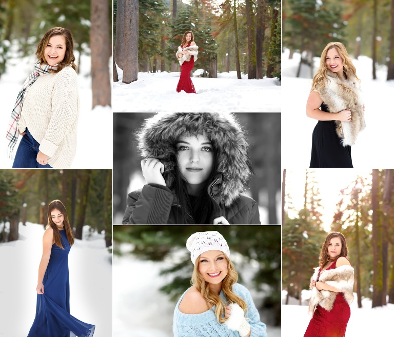 season winter snow senior portraits formal beanie fur hood in Tahoe by Colleen Sanders Photography