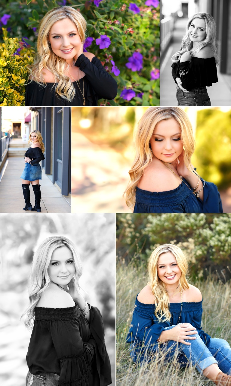 Best senior photographer Colleen Sanders in El Dorado Hills fall leaves changing colors sunset golden hour boots off shoulder dress smile makeup lashes