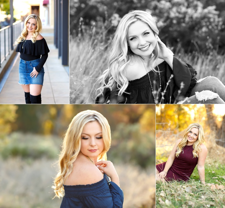 fall senior pictures in El Dorado Hills off shoulder shirt field sunset golden hour blond